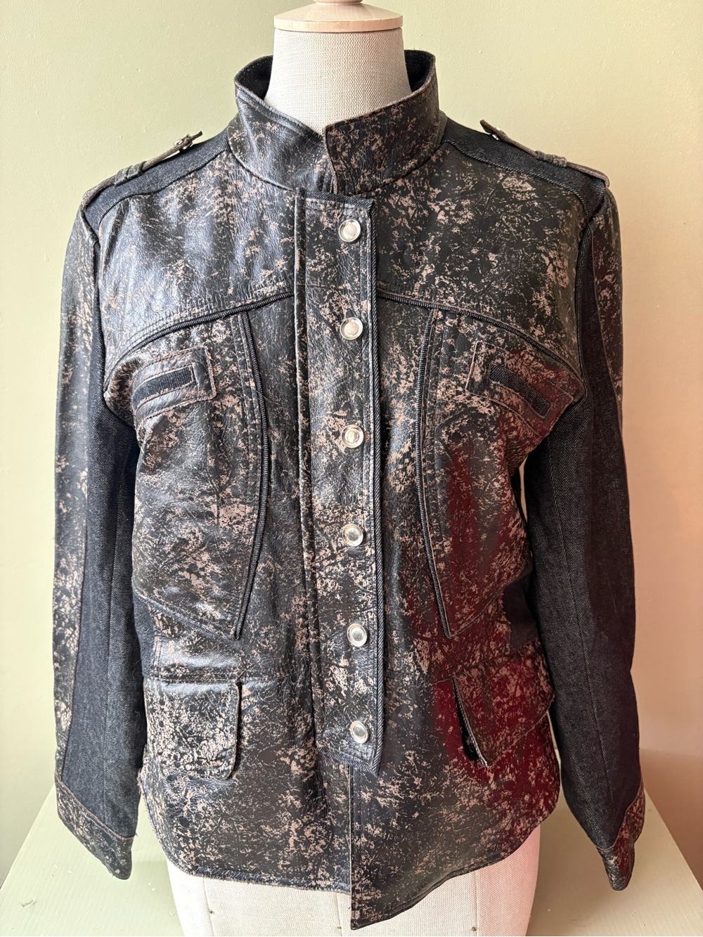 H & D Women’s  Distressed Black Tan Military-Style leather denim Jacket